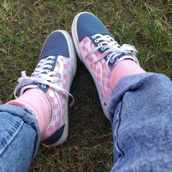 pink blue checkered vans